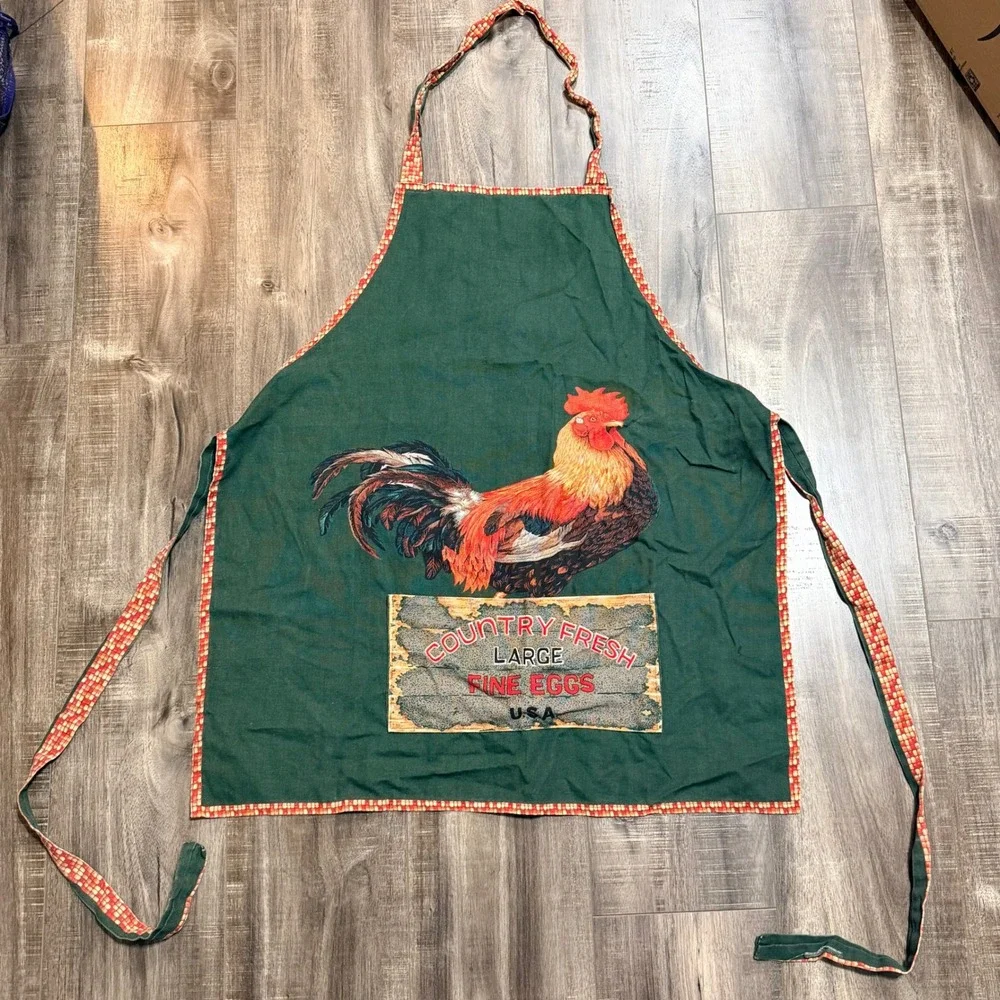 Vintage Country Fresh Rooster Apron Green Farmhouse Chicken Fine Eggs USA Bib